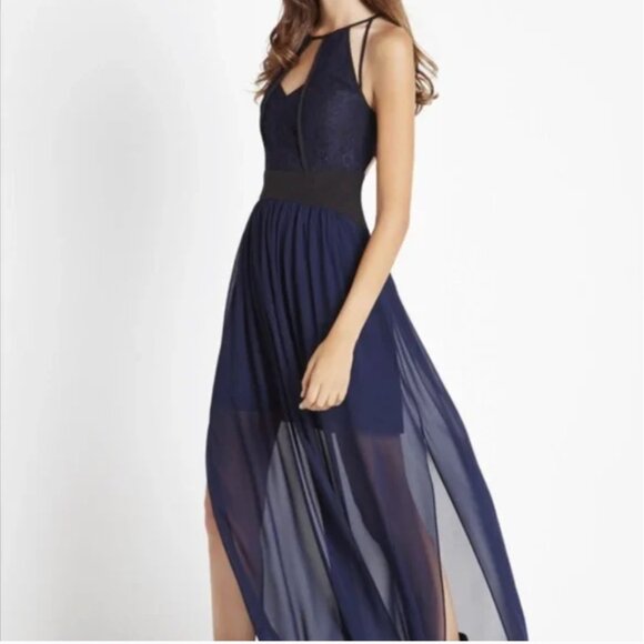 BCBGeneration Navy Lace High-Slit Maxi Dress - Size 10 (NWT) - Picture 1 of 7